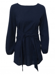 Navy Round Neck Lantern Sleeve Bow Tie Solid Color Mini Dress