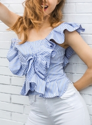 Blue Striped One Shoulder Sleeveless Backless Slim Ruffle Blouse With Zip