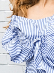 Blue Striped One Shoulder Sleeveless Backless Slim Ruffle Blouse With Zip
