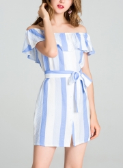 Light blue Summer Striped Off The Shoulder Bow Tie Button Down A-line Mini Dress