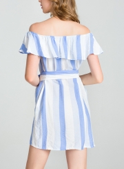 Light blue Summer Striped Off The Shoulder Bow Tie Button Down A-line Mini Dress