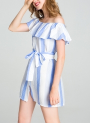 Light blue Summer Striped Off The Shoulder Bow Tie Button Down A-line Mini Dress