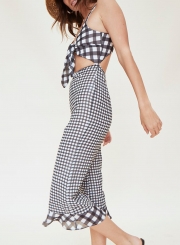 Black V Neck Sleeveless Backless Bow Tie Wide Leg Plaid Jumpsuit