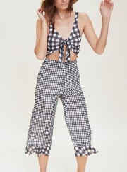 Black V Neck Sleeveless Backless Bow Tie Wide Leg Plaid Jumpsuit