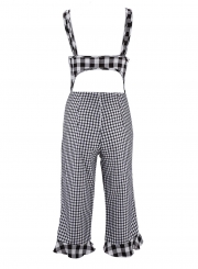 Black V Neck Sleeveless Backless Bow Tie Wide Leg Plaid Jumpsuit