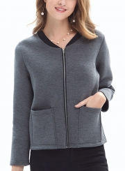 Grey Casual Full Zip Long Sleeve Slim Solid Color Short Coat With Pockets