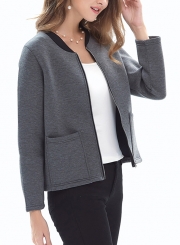 Grey Casual Full Zip Long Sleeve Slim Solid Color Short Coat With Pockets