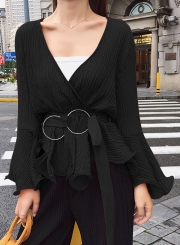 Black Chiffon Flare Neck Solid Color Loose Blouse With Belt