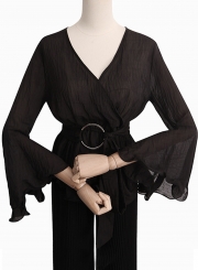 Black Chiffon Flare Neck Solid Color Loose Blouse With Belt