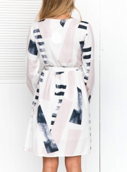 Geometric Pattern Round Neck Short Sleeve High Waist Dress With Belt
