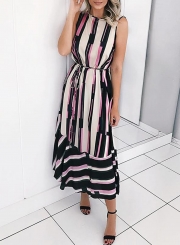 Casual Striped Sleeveless Round Neck Waist Tie Ruffle Dress