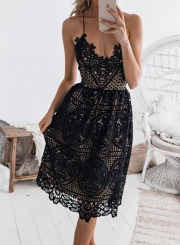 Black Sexy Spaghetti Strap Lace Hollow Out Party Dress