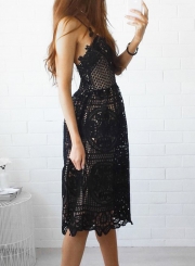 Black Sexy Spaghetti Strap Lace Hollow Out Party Dress