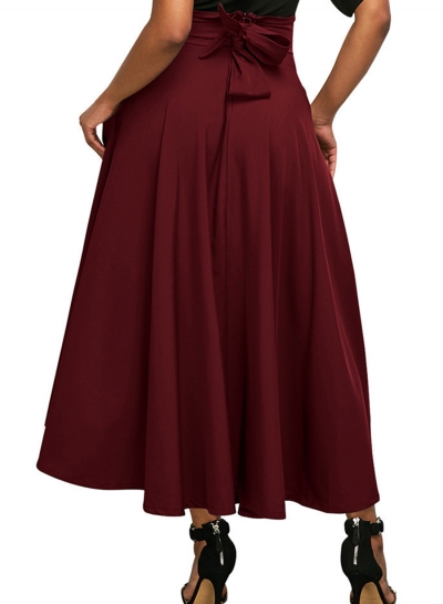 Red Solid High Waist Pockets Bow Tie Pleated Swing Long Skirts