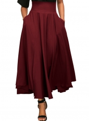 Red Solid High Waist Pockets Bow Tie Pleated Swing Long Skirts