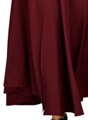 Red Solid High Waist Pockets Bow Tie Pleated Swing Long Skirts