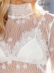 White Casual High Neck Hollow Lace Out Blouse