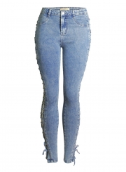 Faded Skinny Jeans Side Eyelet Lace up Denim Pants