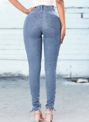 Faded Skinny Jeans Side Eyelet Lace up Denim Pants