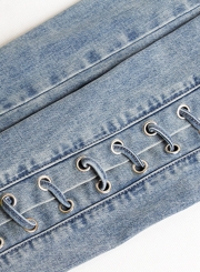 Faded Skinny Jeans Side Eyelet Lace up Denim Pants