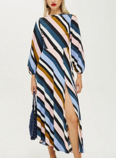 Striped Backless Round Neck Long Sleeve High Waist High Slit Dress YOUYOUFASHIONEC.com