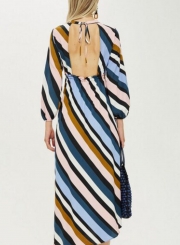 Striped Backless Round Neck Long Sleeve High Waist High Slit Dress