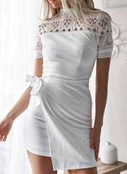 White Mock Neck Lace Hollow Out Slim Dress