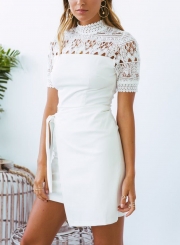 White Mock Neck Lace Hollow Out Slim Dress