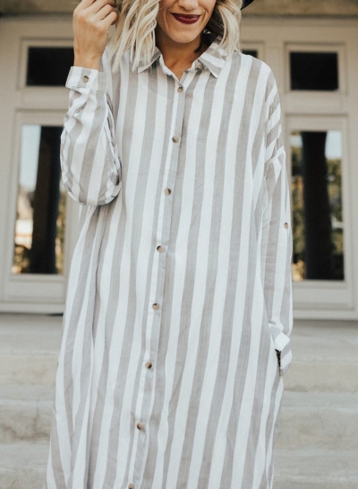 Striped Turn-Down Collar Long Sleeve Loose Button Down Dress YOUYOUFASHIONEC.com