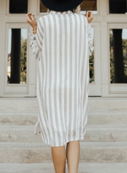 Striped Turn-Down Collar Long Sleeve Loose Button Down Dress