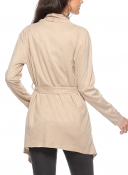 Khaki Open Front Turn -Down Collar Long Sleeve Waist Tie Loose Coat