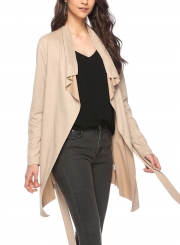 Khaki Open Front Turn -Down Collar Long Sleeve Waist Tie Loose Coat