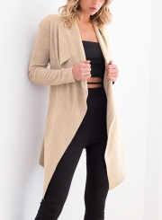 Khaki Open Front Turn -Down Collar Long Sleeve Waist Tie Loose Coat