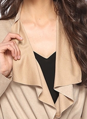 Khaki Open Front Turn -Down Collar Long Sleeve Waist Tie Loose Coat