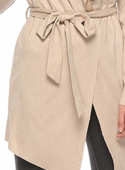 Khaki Open Front Turn -Down Collar Long Sleeve Waist Tie Loose Coat