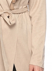 Khaki Open Front Turn -Down Collar Long Sleeve Waist Tie Loose Coat