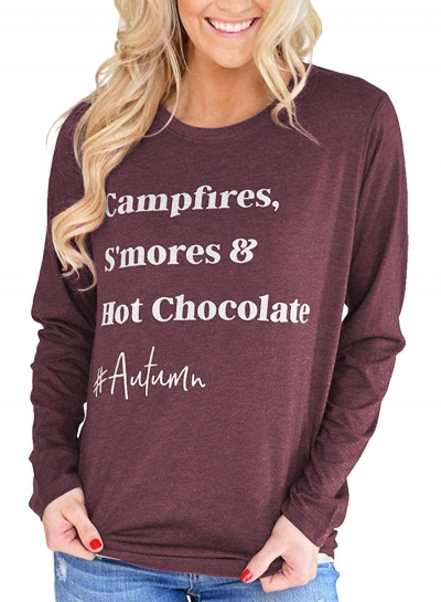 Purple Women's Letters Print Round Neck Long Sleeve Loose Pullover Tee STYLESIMO.com