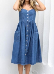 Blue Spaghetti Strap High Waist Button Down Denim Midi Dress With Pockets