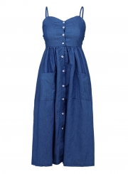 Blue Spaghetti Strap High Waist Button Down Denim Midi Dress With Pockets