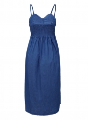 Blue Spaghetti Strap High Waist Button Down Denim Midi Dress With Pockets