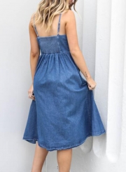 Blue Spaghetti Strap High Waist Button Down Denim Midi Dress With Pockets