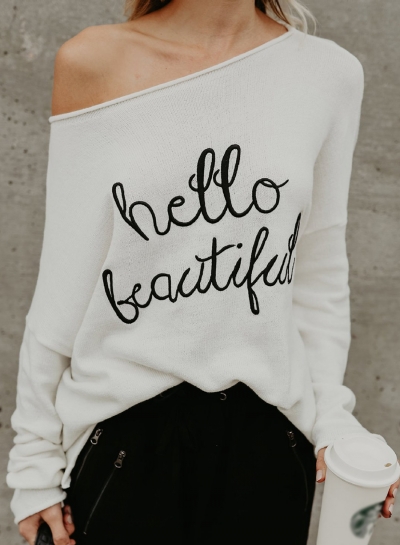 White Casual One Shoulder Long Sleeve Letters Print Loose Tee