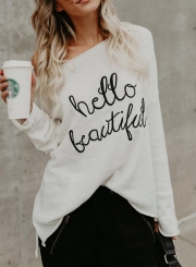 White Casual One Shoulder Long Sleeve Letters Print Loose Tee