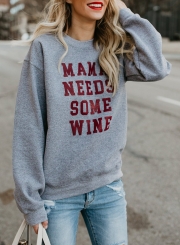 Grey Letters Print Round Neck Long Sleeve Loose Pullover Sweatshirt