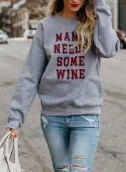 Grey Letters Print Round Neck Long Sleeve Loose Pullover Sweatshirt