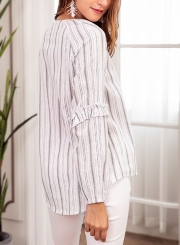 Grey Casual Striped V Neck Long Sleeve Loose Ruffle Blouse With Drawstring