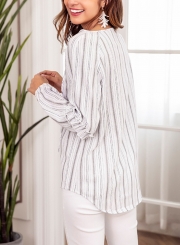 Grey Casual Striped V Neck Long Sleeve Loose Ruffle Blouse With Drawstring