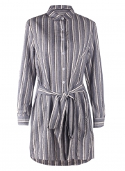 Grey Casual Striped Long Sleeve High Low Button Down Mini Dress