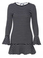 Black Women's Casual Striped Round Neck Flare Sleeve Slim Mini Dress