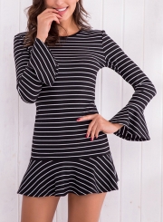 Black Women's Casual Striped Round Neck Flare Sleeve Slim Mini Dress